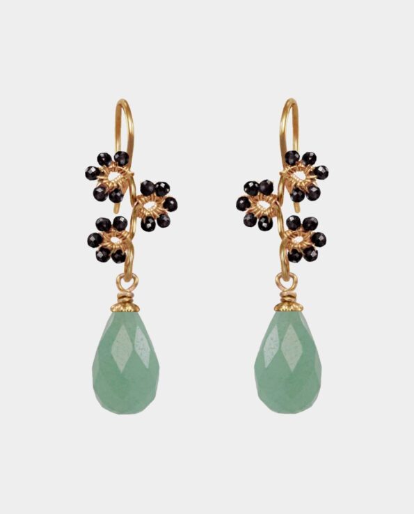 Earrings of droplet-shaped green aventurines decorated with black spinel in an excellent cut with sterling silver plated with 18 carat gold