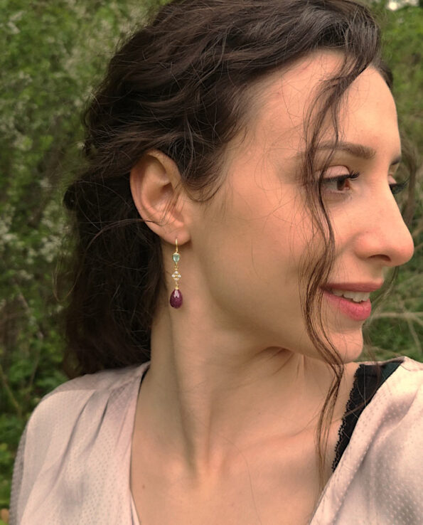 Marie Curie - earrings with burgundy ruby drops and light green aventurines - pic. 1