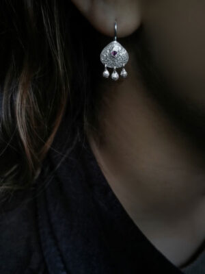 silver earring with three massive drops